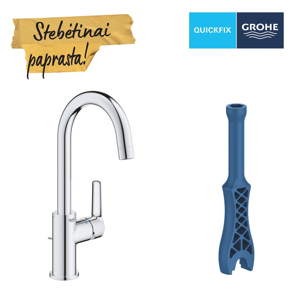 Plautuvės maišytuvas GROHE QUICKFIX START, L dydžio, su "pop-up" dugno vožtuvu, vandenį taupantis, chromas, 23554002