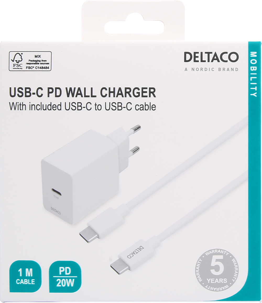 USB-C įkroviklis DELTACO Usbc-Ac146, 1 x USB-C, PD 20 W, kompelktacijoje su 1 m ilgio USB-C laidu, baltos sp.