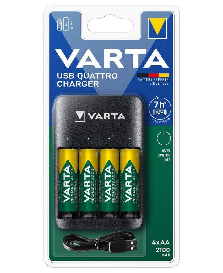 Kroviklis VARTA Value Usb Quattro Charger, komplektacijoje 4 vnt. AA 2100 mAh elementų ir USB krovimo laidas