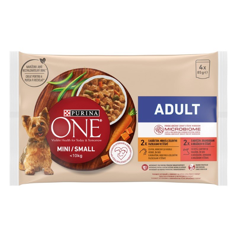 Konservuotas šunų ėdalas ONE MINI Adult, su vištiena, daržovėmis, 4x85g