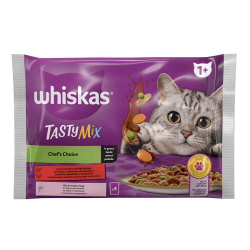Konservuotas kačių ėdalas WHISKAS Tasty Mix, su mėsa, žuvimi ir daržovėmis, suaugusioms katėms, 4x85g