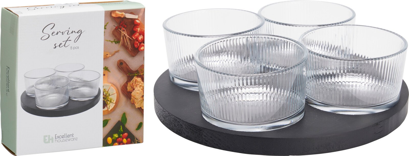 Serviravimo indų rinkinys, medinis padėklas, 4 vnt. stiklinių indelių