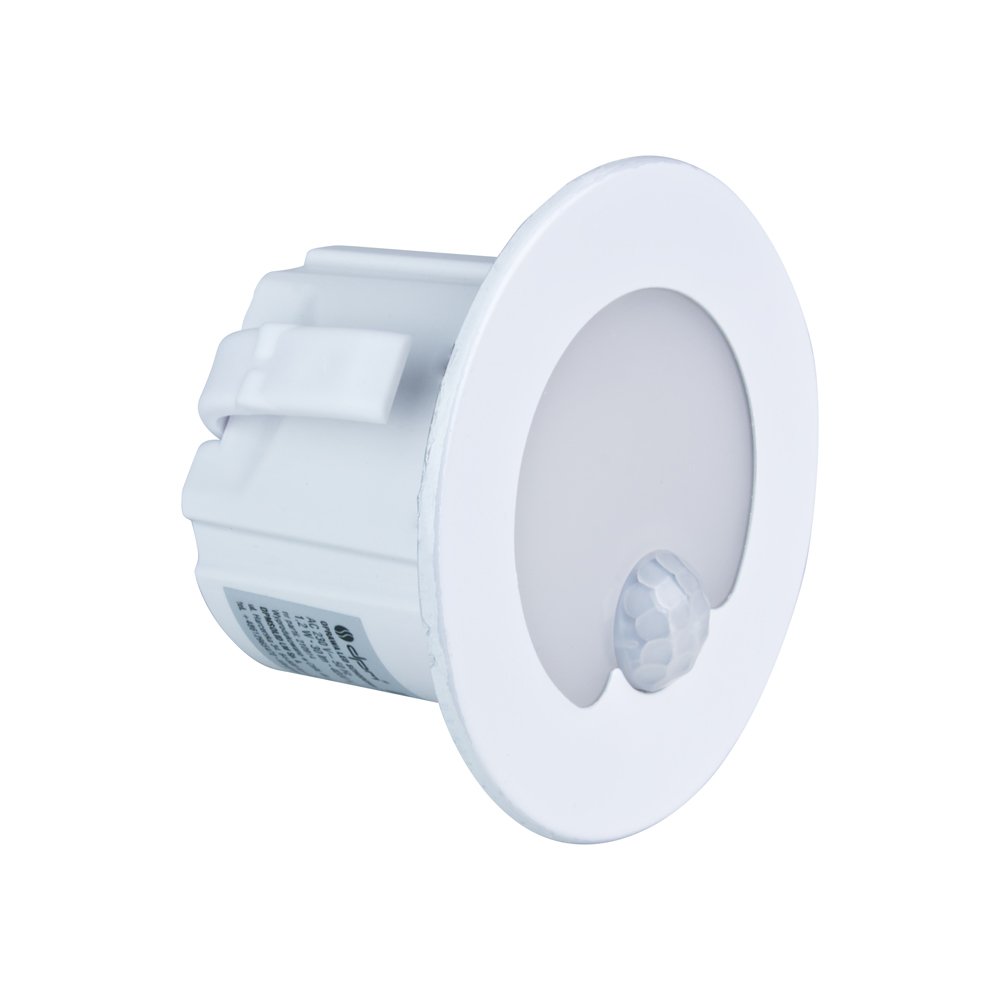 Montuojamas šviestuvas DPM Ycb178W-Pir, laiptų apšvietimui, LED, 1,2W, 4000K, 40 lm, 110', IP20, su judesio davikliu, šviečia 13 sekundžių, baltos sp., apvalus