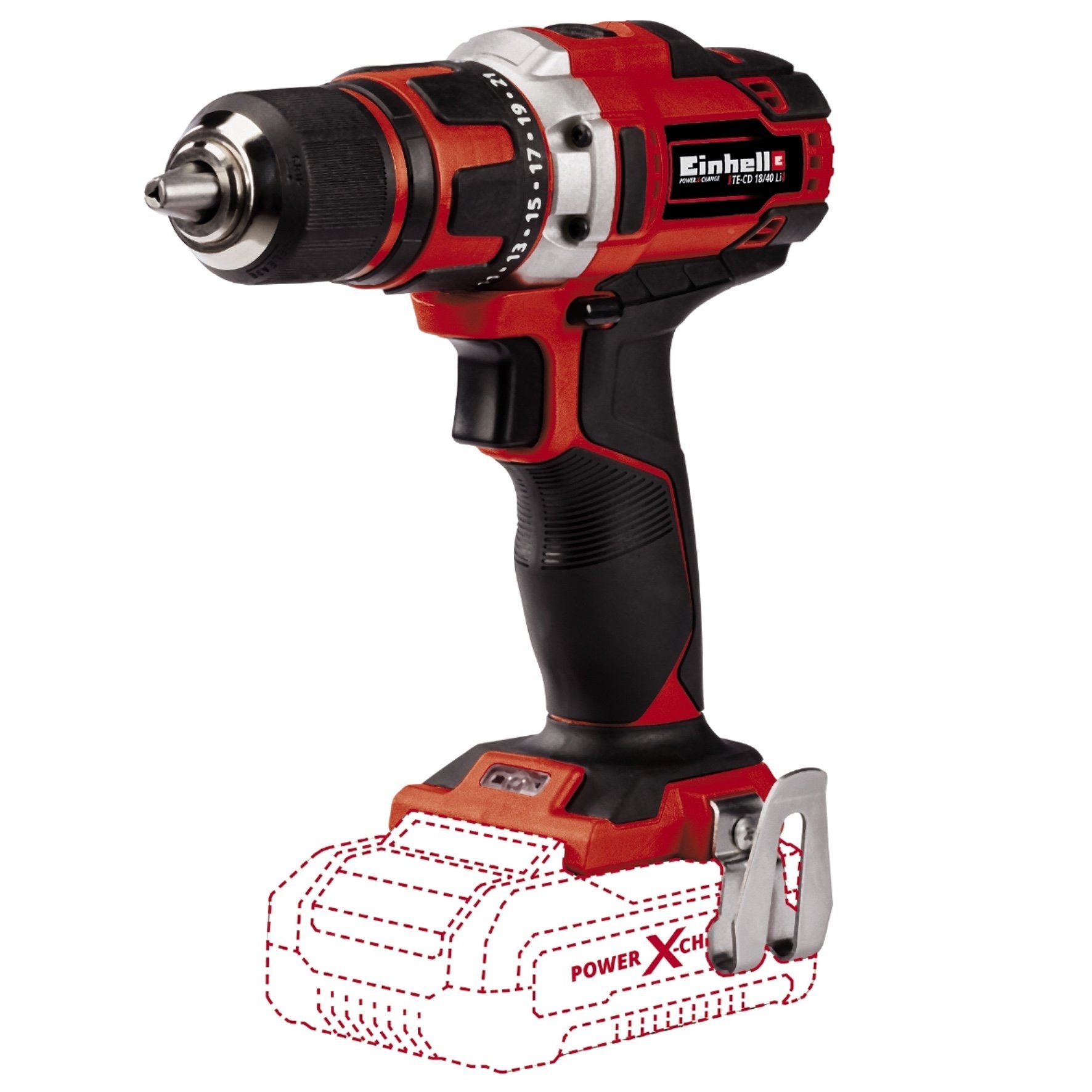 Akumuliatorinis gręžtuvas EINHELL TE-CD, 18/40 Li, Solo, 18 V, Li-ion, svoris 1,1 kg, sukimo momentas 40 Nm, be akumuliatoriaus ir kroviklio