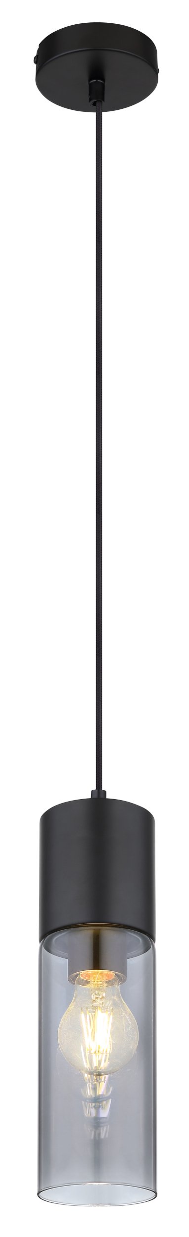 Pakabinamas šviestuvas GLOBO Annika, E27, 1 x 25W, 230V, matinės juodos sp. metalas, dūmų sp. stiklas, tekstilinis juodas kabelis, 100 x 1525 mm, 21000HB