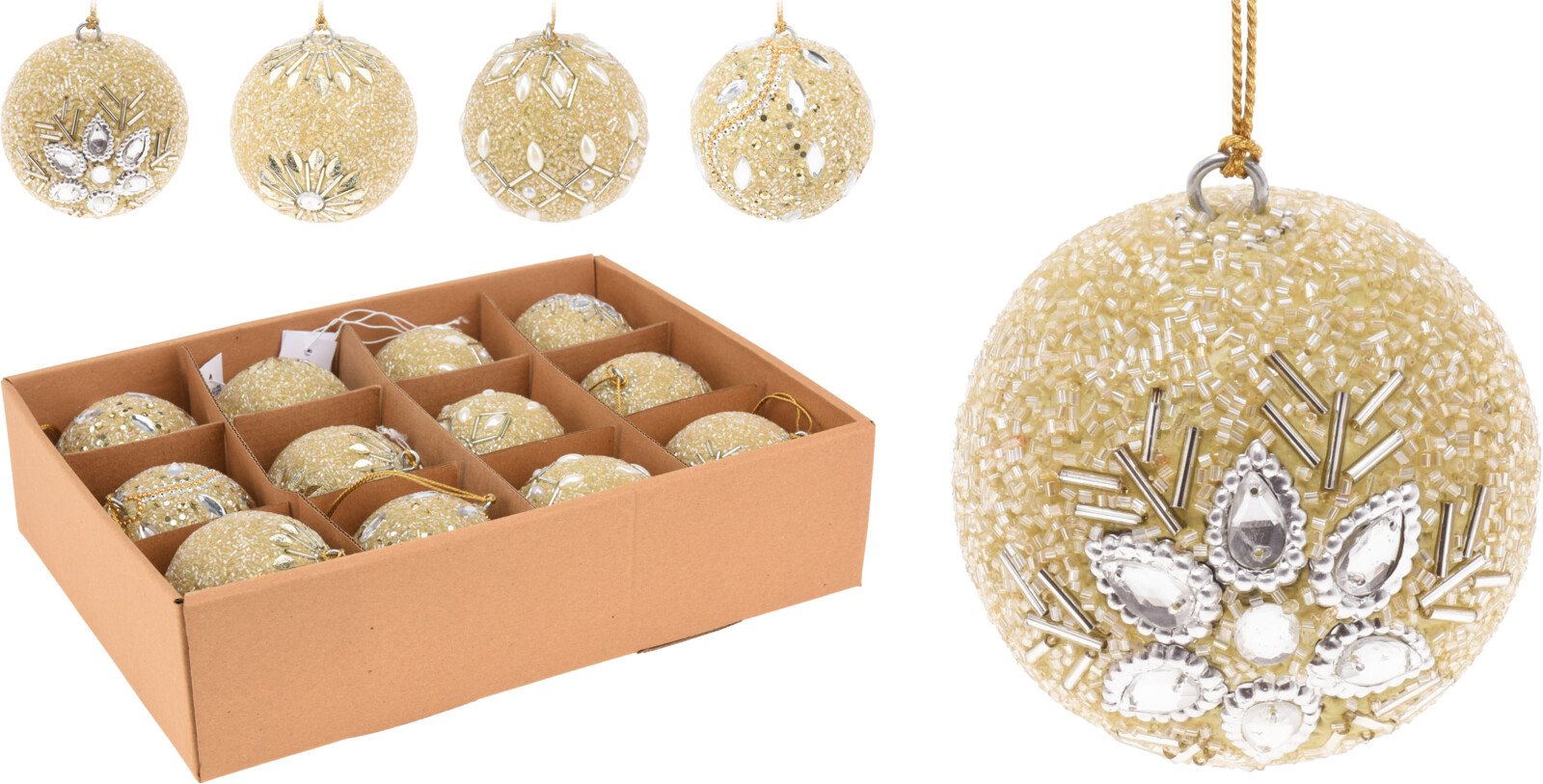 Eglutės žaisliukai, 12 vnt., dekoruoti karoliukais, 4 skirtingi dizainai, šampano sp., 8 cm