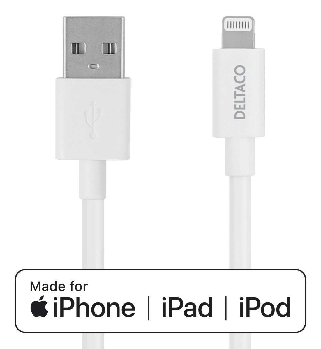 Įkrovimo laidas DELTACO IPLH-401, USB-A -Lightning, Mfi, Apple C189, 1 m, baltos sp.