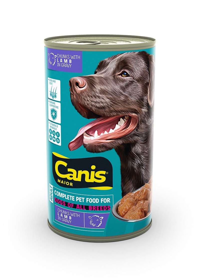 Konservuotas šunų ėdalas CANIS Major, su ėriena,  skardinėje, 1,25kg