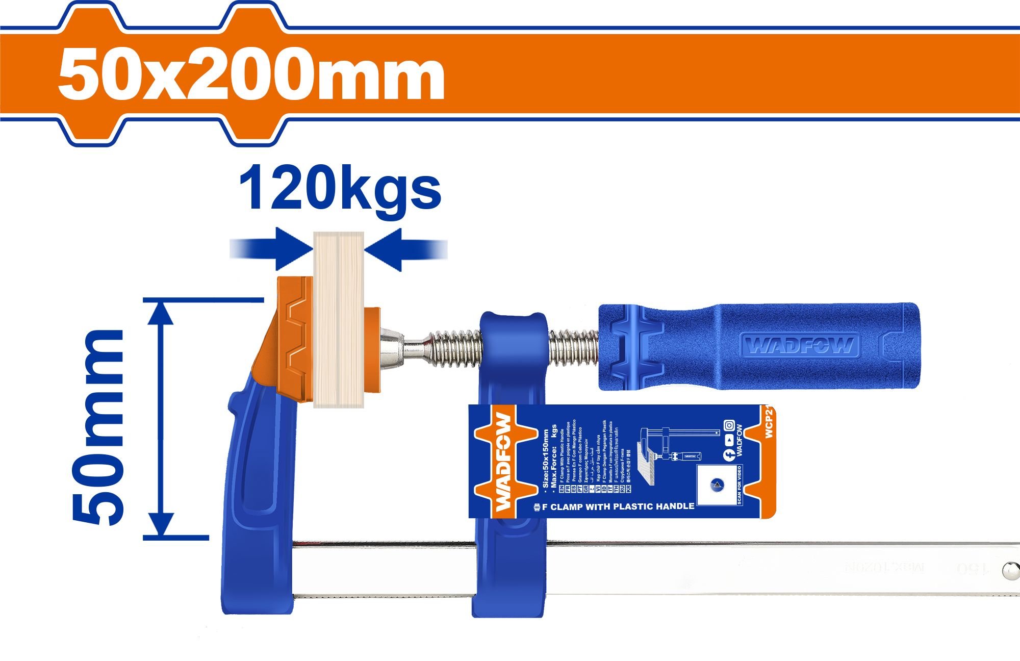 Staliaus spaustuvas WADFOW, F-formos, plastikinė rankena, 50x200 mm WCP2152