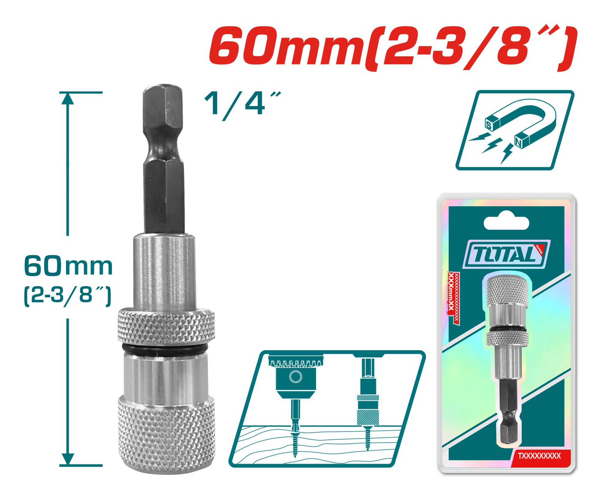 Atsuktuvų antgalių laikiklis TOTAL, su gylio ribotuvu, 1/4", 60 mm, TAC464601