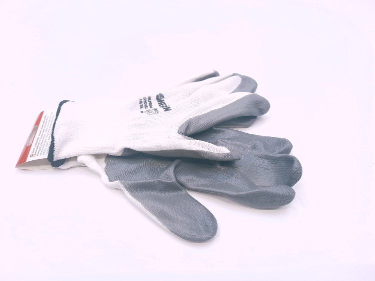 Pirštinės HERVIN, (9)L dydis, balta spalva, aplietos pilku nitrilu, poliesterinės, CE, NLP001