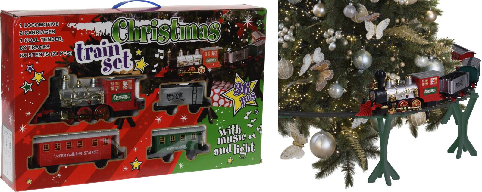 Kaledinio traukinio rinkinys, 36 vnt. dalių, su tikroviškais garsais ir šviesomis, bendras bėgių ilgis 264 cm, be baterijų