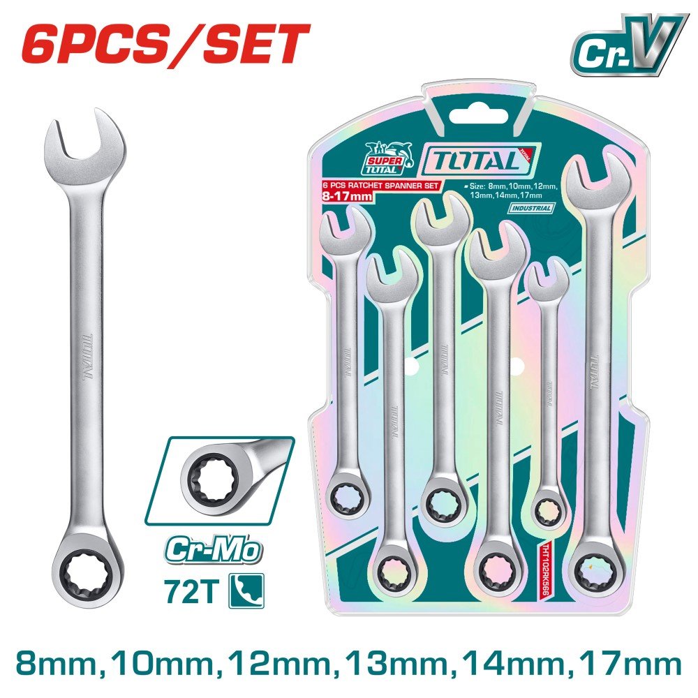 Plokščių kilpinių raktų su terkšle rinkinys TOTAL, Cr-Mo, 8-17 mm, 6 vnt., THT102RK566