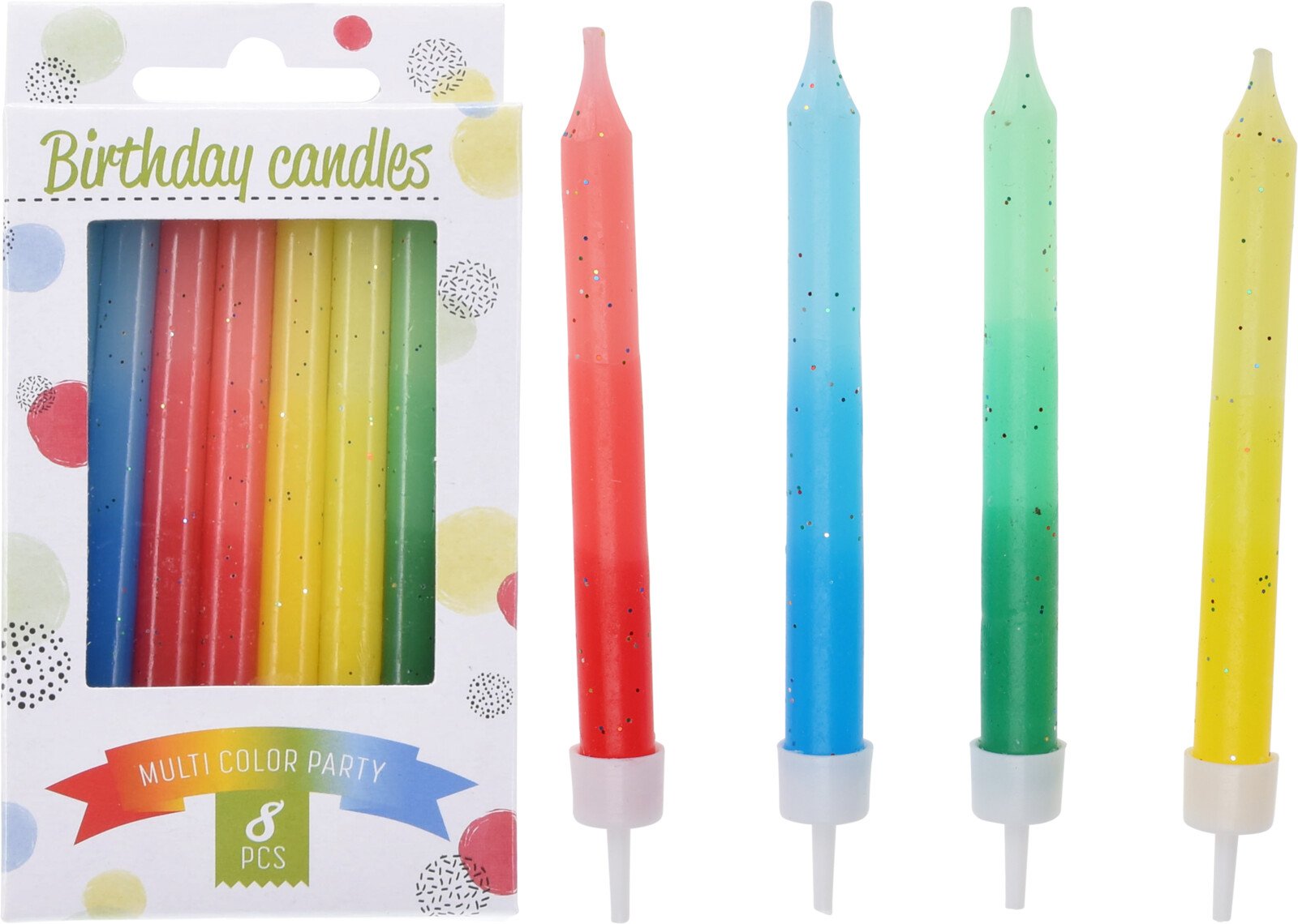 Gimtadienio žvakutės, įvairių sp., 8 vnt., 8 cm