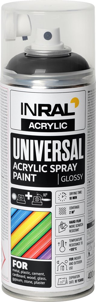 Aerozoliniai dažai INRAL ACRYLIC UNIVERSAL, 400 ml, tamsiai juoda, blizgi, RAL9005