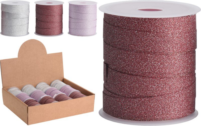 Dovanų pakavimo juosta su blizgučiais, baltos, rožinės ir bordo sp., 1 cm x 10 m