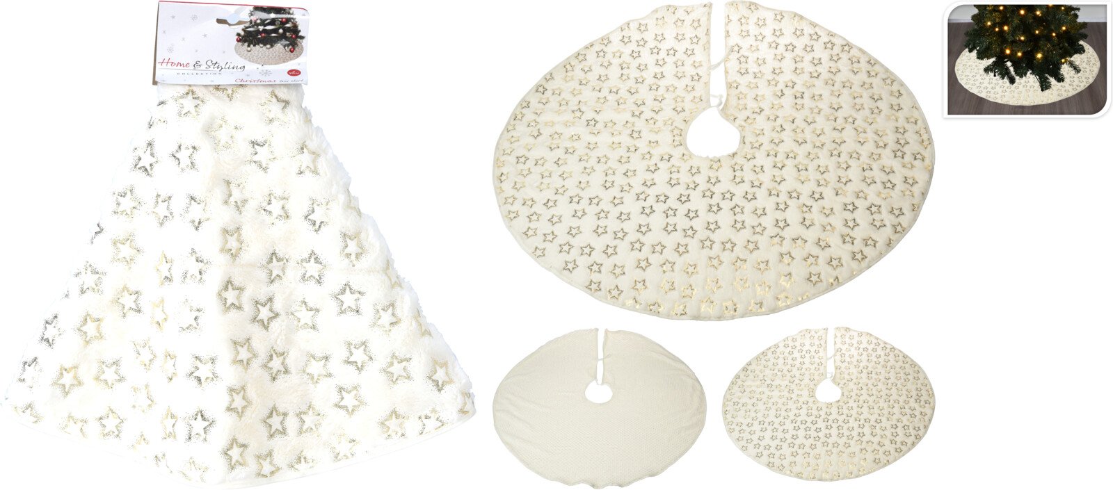 Kalėdinės eglutės stovo uždangalas, baltos sp. su aukso sp. dekoru, 2 skirtingi dizainai, 900 x 900 x 2 mm