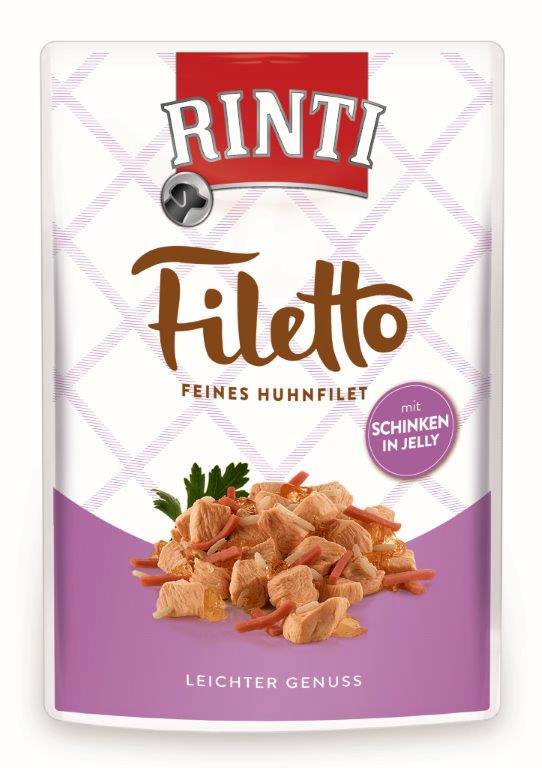 Konservuotas šunų ėdalas RINTI Filetto, su vištiena ir kumpiu, maišelyje, 100g