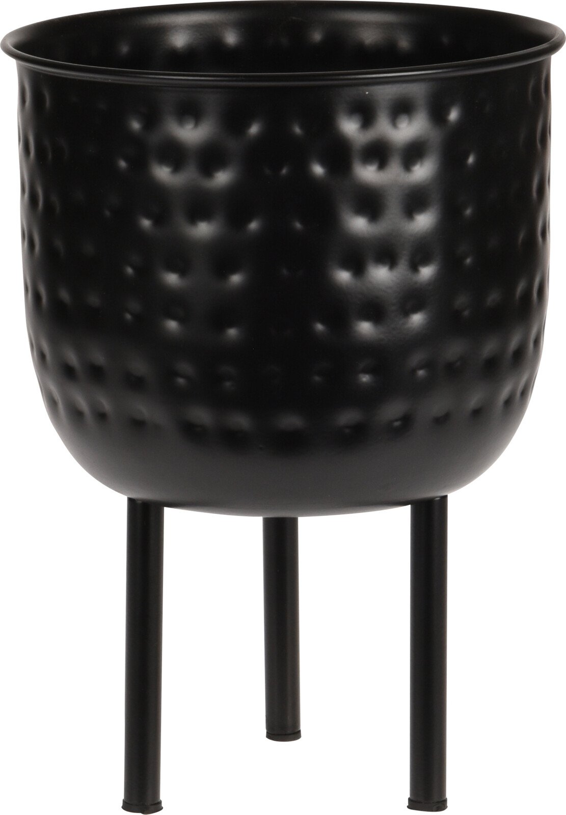 Kambarinis metalinis vazonas ant kojelių, juodos sp., išmatavimai 19 x 19 x 25,4 cm.
