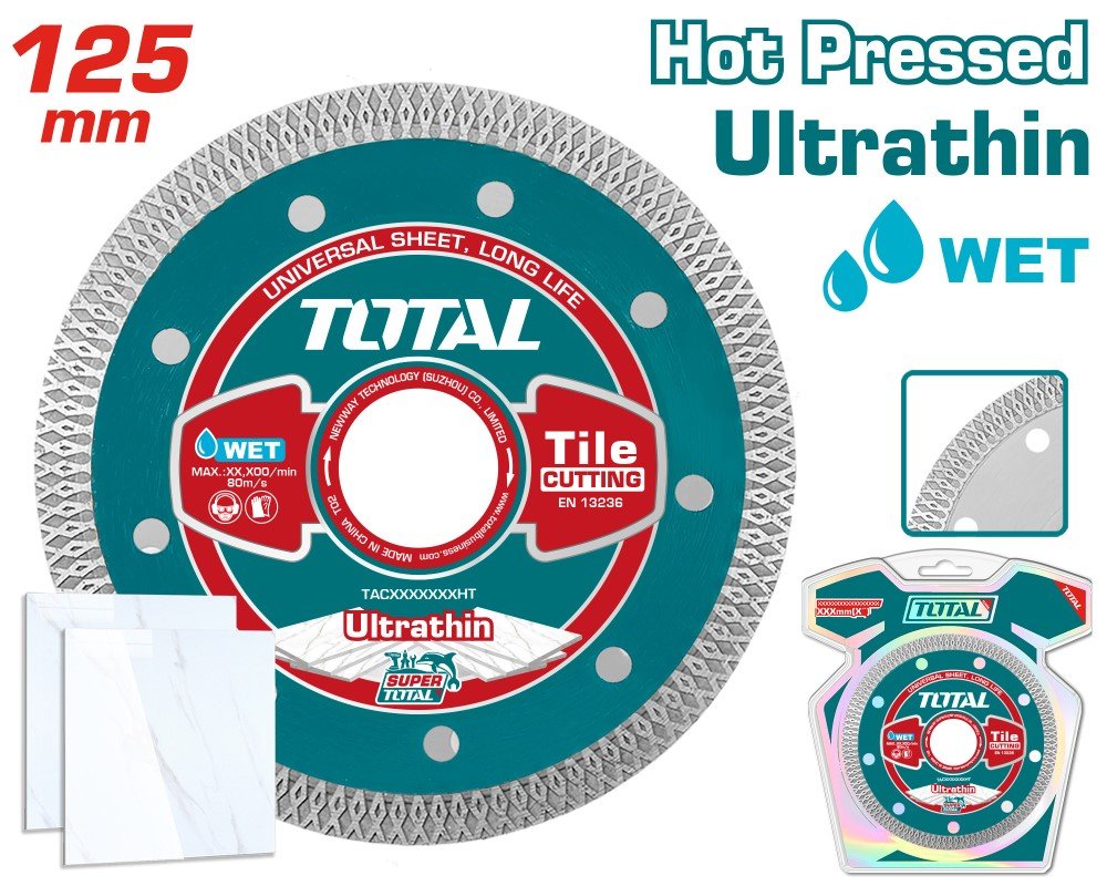 Deimantinis pjovimo diskas TOTAL, plonas-1,4 mm, 125x22 mm, segmento plotis 10 mm, TAC2181251HT