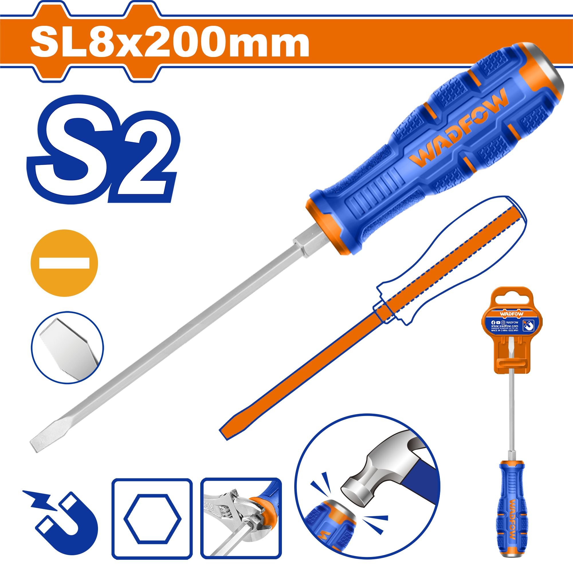 Plokščias atsuktuvas WADFOW, magnetinis, S2, 8x200 mm, WQJ1288