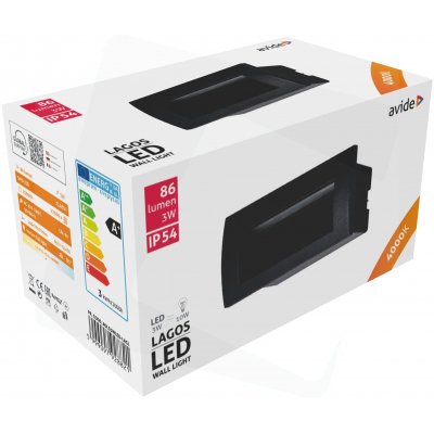 Lauko šviestuvas AVIDE Lagos At-8821, LED 3W, 220-240V, 4000K, 86 lm, IP54, sieninis, įleidžiamas, juodos sp., 70 x 140 x 70 mm