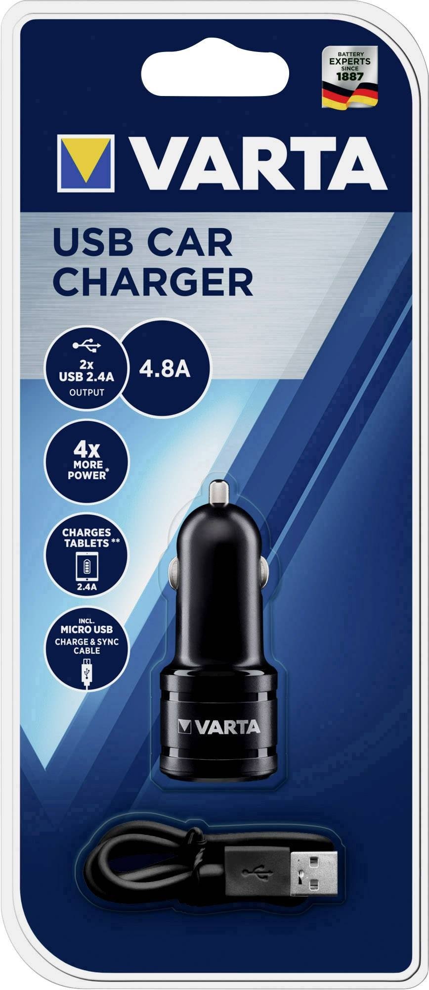 Automobilinis USB įkroviklis VARTA, 2xUSB 2.4+1A, 17 W, + laidas USB-Micro USB, 57931101401