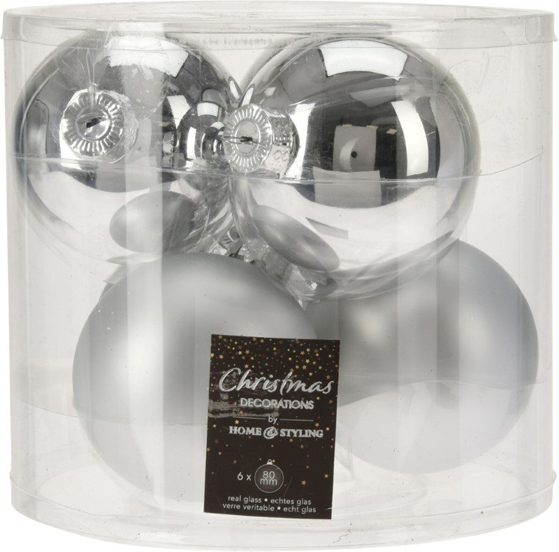 Eglutės žaisliukai, burbulo formos, stikliniai, sidabro sp.,  6 vnt.: 3 matiniai, 3 blizgūs, 8 cm