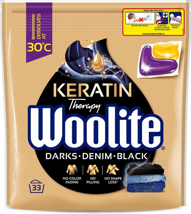 Skalbimo kapsulės WOOLITE Darks, Black & Denim, juodų, tamsių ir džinsinių drabužių, su keratinu, 33 vnt.