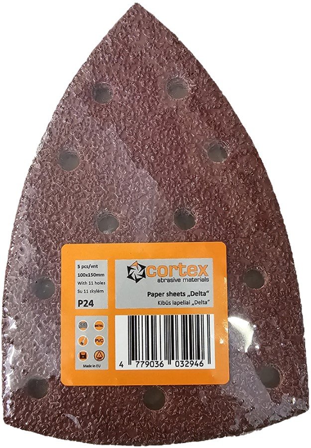 Šlifavimo lapelis CORTEX, DELTA tipo, P24, 100x150 mm, 5 vnt.