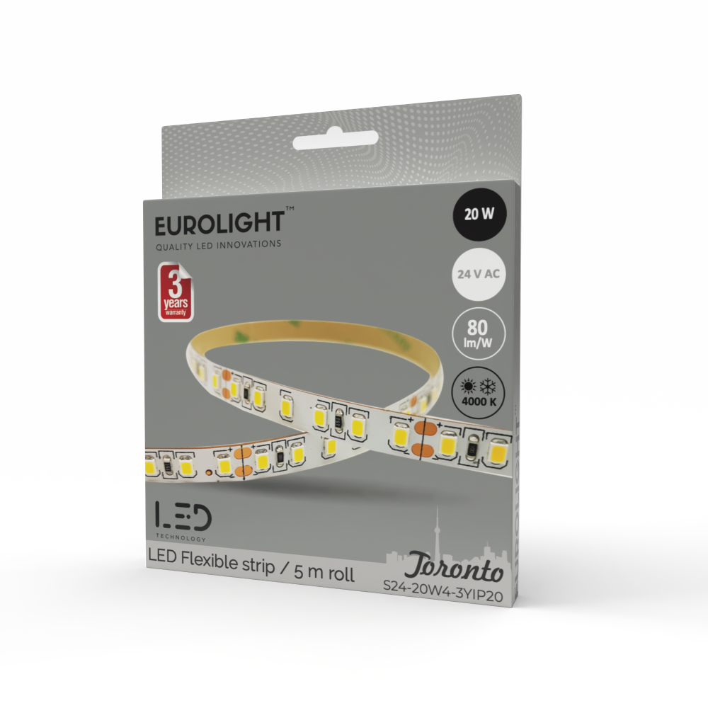Šviesos diodų juosta EUROLIGHT Toronto, LED 5 m, 20 W / m, IP20, 4000K, 24V, 1600 lm / m, 8mm pločio, S24-20W4-3YIP20