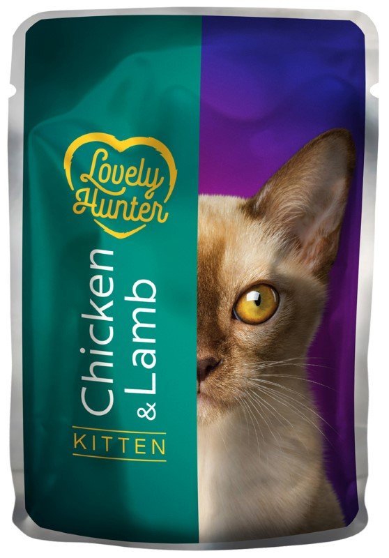 Konservuotas kačių ėdalas LOVELY HUNTER, kačiukams su vištiena ir ėriena, maišelyje, 85g