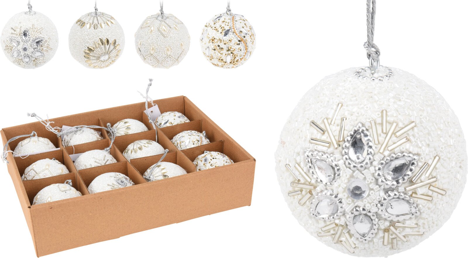 Eglutės žaisliukai, 12 vnt., dekoruoti karoliukais, 4 skirtingi dizainai, baltos sp., 8 cm