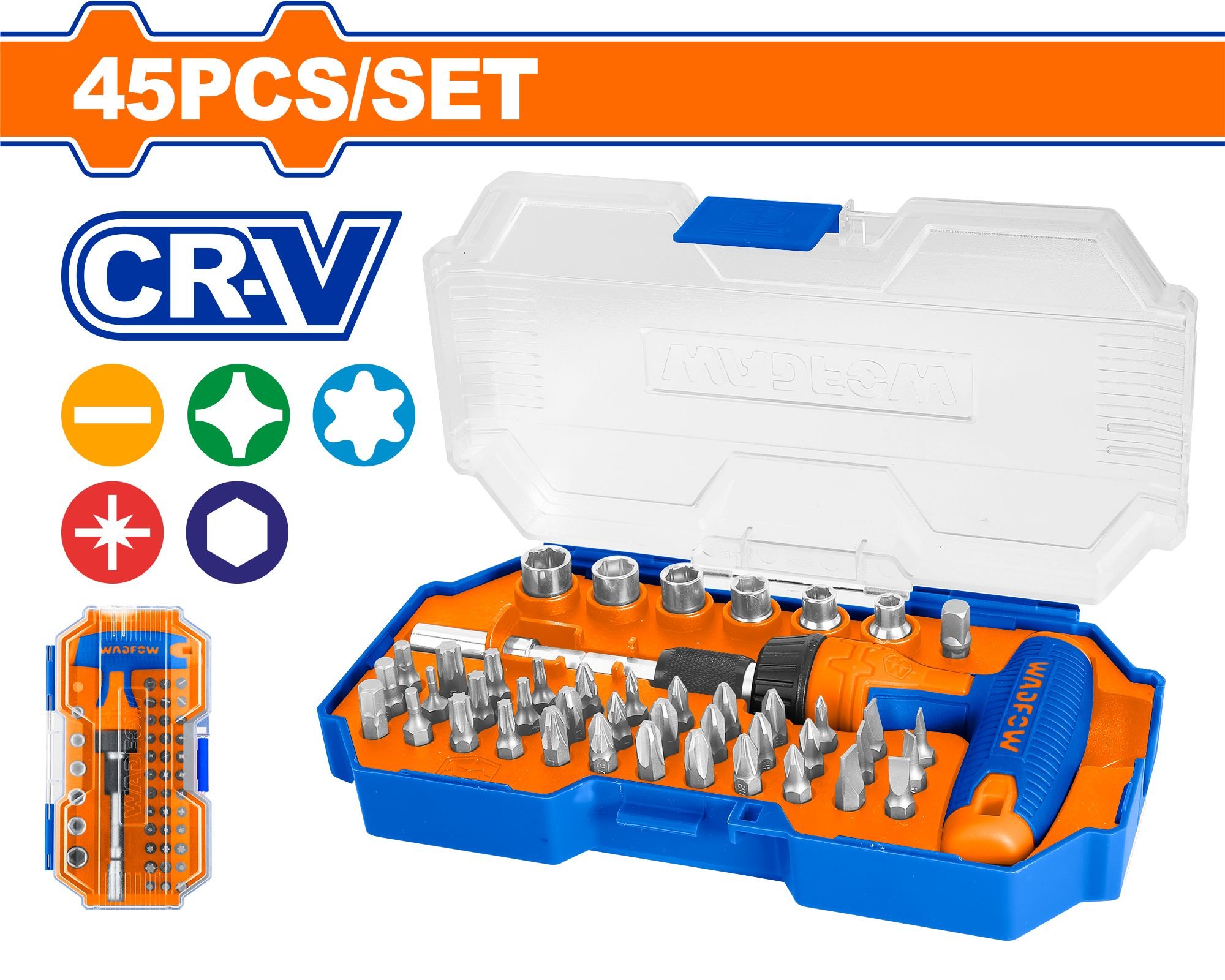 Atsuktuvų rinkinys WADFOW, T- formos raktas, Cr-V, 45 vnt., WSS8B45