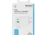 Telefono įkroviklis DELTACO USBC-AC154, 1x USB-A 18 W, 1x USB-C 20 W, baltos sp.