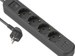 Ilgiklis ELECTRALINE, 4 lizd., 1,5m, su įž., su jungikliu, 3x1, juodos sp., USB-A, 2xUSB-C, 62521
