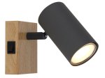 Kryptinis šviestuvas GLOBO Robby, GU10, 1 x 25W, 230V, su jungikliu, metalinis, matinės juodos sp. su medžio imitacija, 70 x 100 x 120 mm, 57911-1G