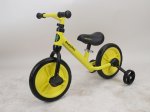 Balansinis dviratis BIMBO BIKE Balance, 11 dydis, geltonos sp. su pagalbiniais ratukais