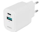 Telefono įkroviklis DELTACO USBC-AC154, 1x USB-A 18 W, 1x USB-C 20 W, baltos sp.