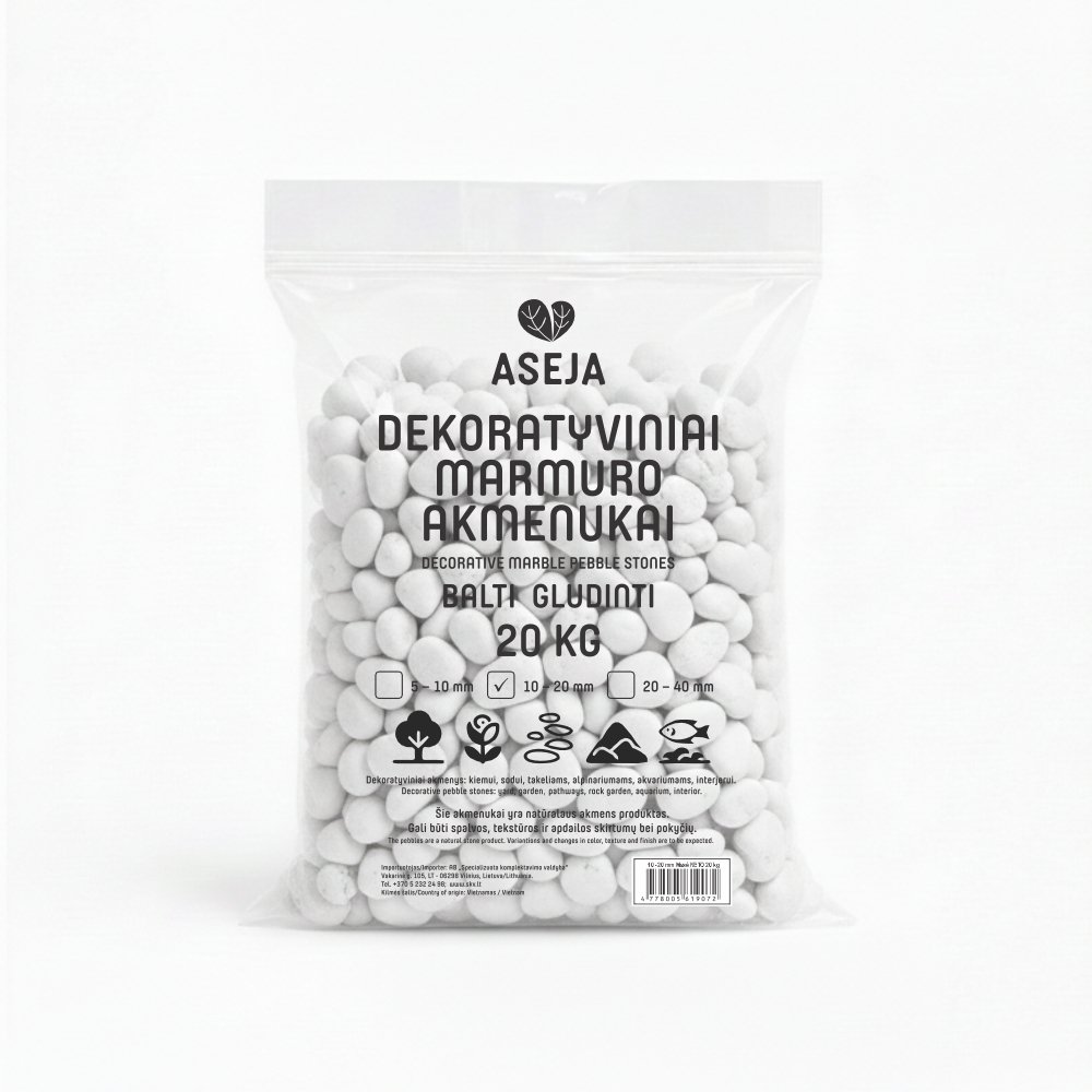 Dekoratyviniai marmuro akmenukai ASEJA, balti, gludinti, 10-20 mm, 20 kg