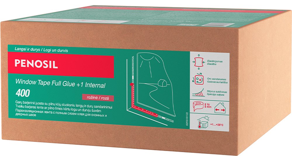Garui nepralaidi sandarinimo juosta PENOSIL, Window Tape Full Glue +1 Internal 400, vidinė langų juosta su pilnu klijų sluoksniu - rožinė, plotis 70 mm, 25 m