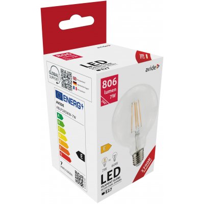 Filamentinė LED lemputė AVIDE, E27, G95, 7W, WW, 2700K, 806 lm