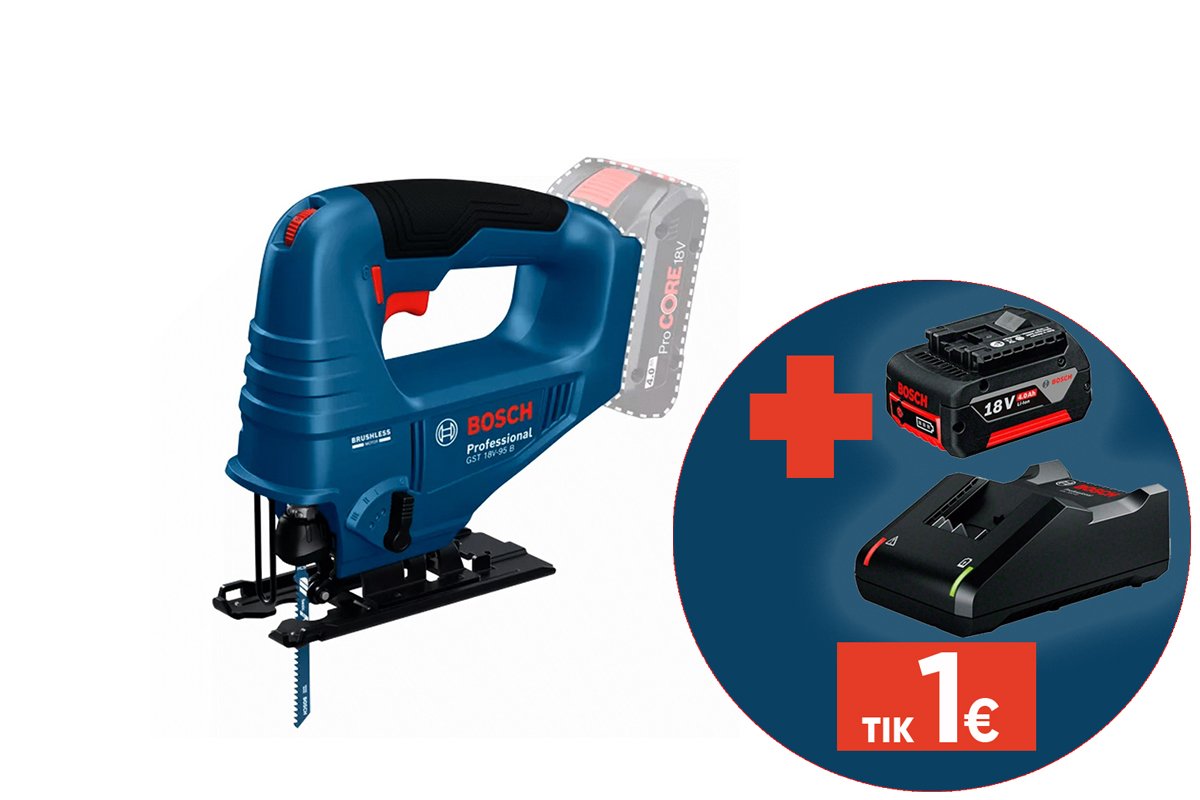 Akumuliatorinis siaurapjūklis BOSCH Professional GST 18V-95 B SOLO, 95 mm, 18 V, be akumuliatoriaus ir kroviklio, 06015B7001