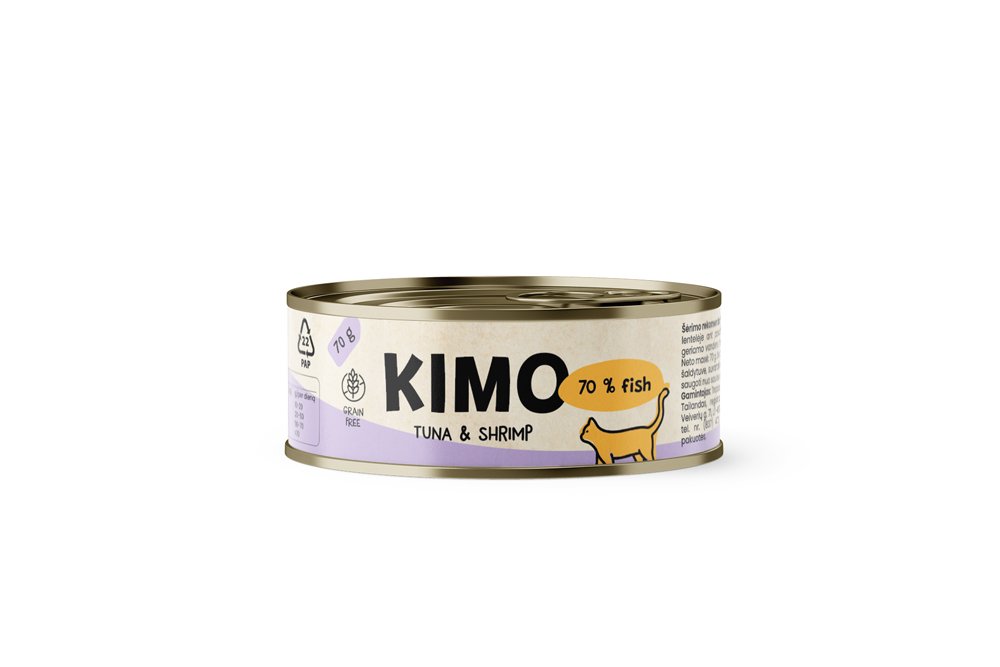 Konservuotas kačių ėdalas KIMO, suaugusioms katėms, su tunu, krevetėmis ir ryžiais, 70g