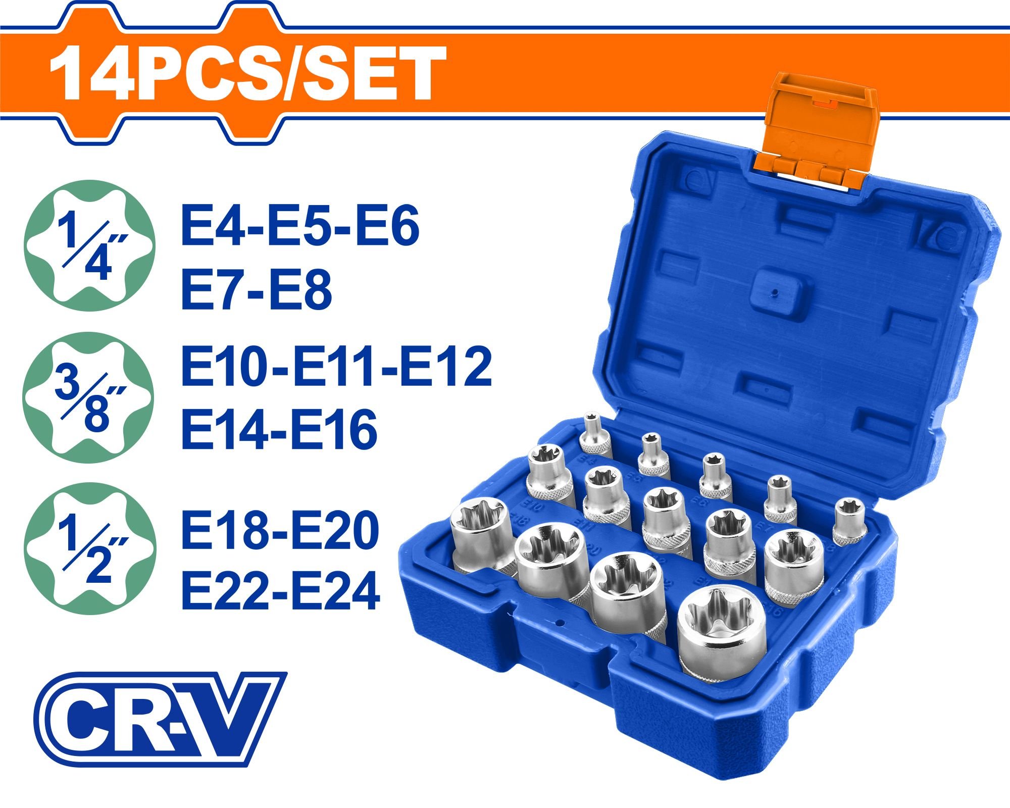 Galvučių rinkinys WADFOW, E-tipo, Cr-V, 1/2", 3/8", 1/4", 14 vnt., WST3D14
