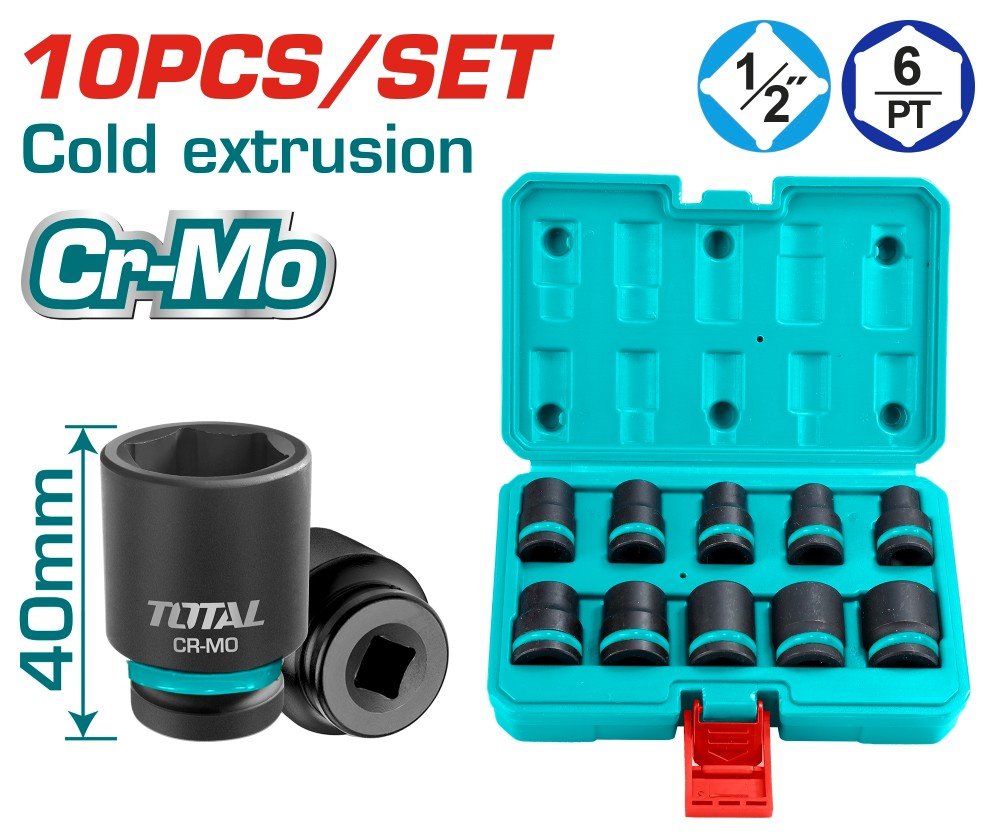 Smūginių galvučių rinkinys TOTAL, CrMo, 1/2", 10-24 mm, 10 vnt., THISTD12101
