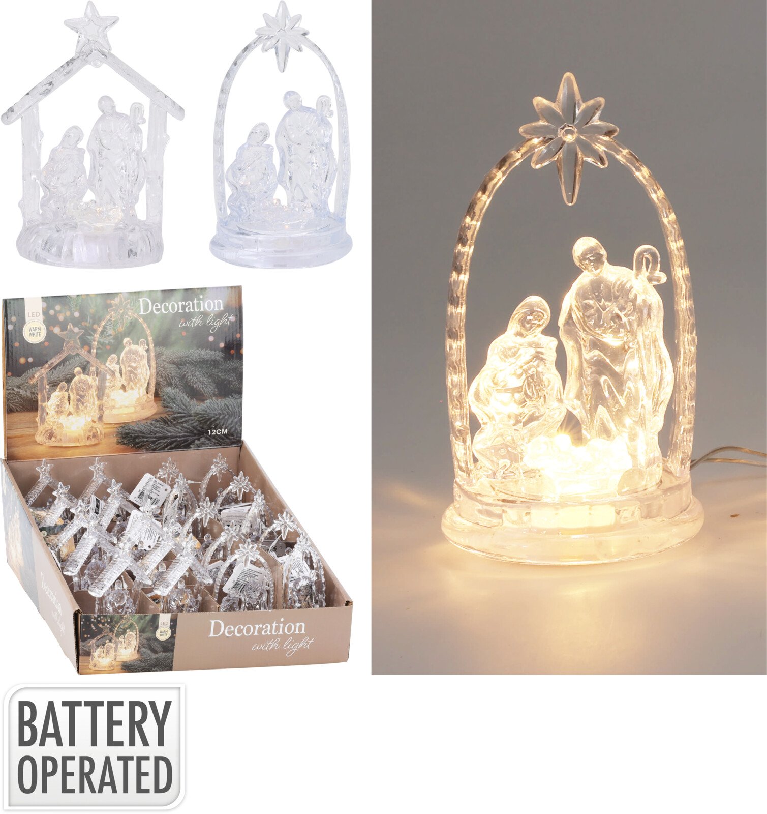 Kalėdinė LED dekoracija Prakartėlė, šiltos baltos sp., 2 skirtingi dizainai, 8 x 4,5 x 12 cm, 3 x LR44 baterijos komplekte