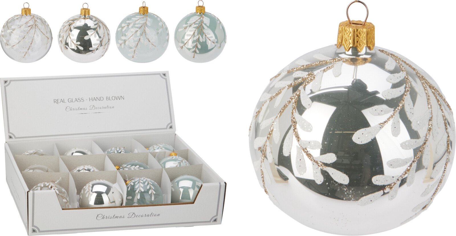 Eglutės žaisliukas, stiklas, 4 skirtingos sp., skersmuo 8 cm