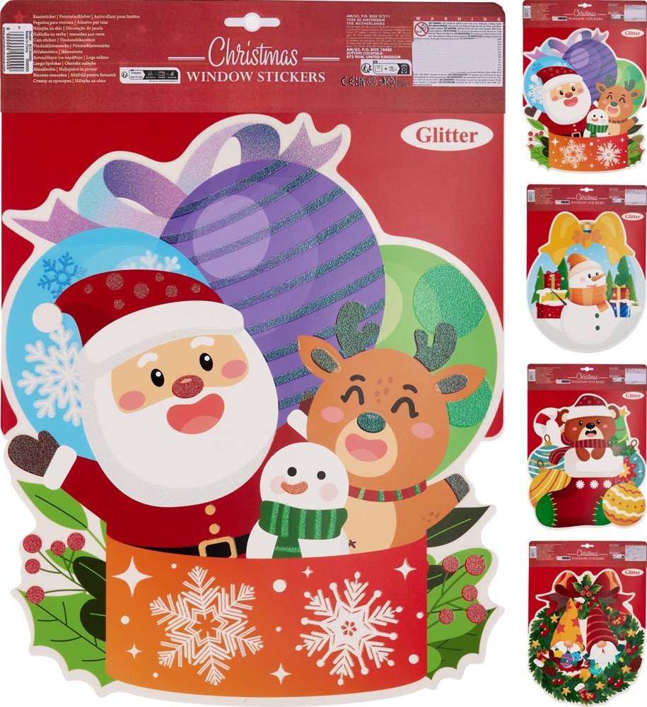 Kalėdinis langų lipdukas Kalėdų senelis, su spalvotu blizgučiu, 4 skirtingi dizainai, 30 x 42 cm