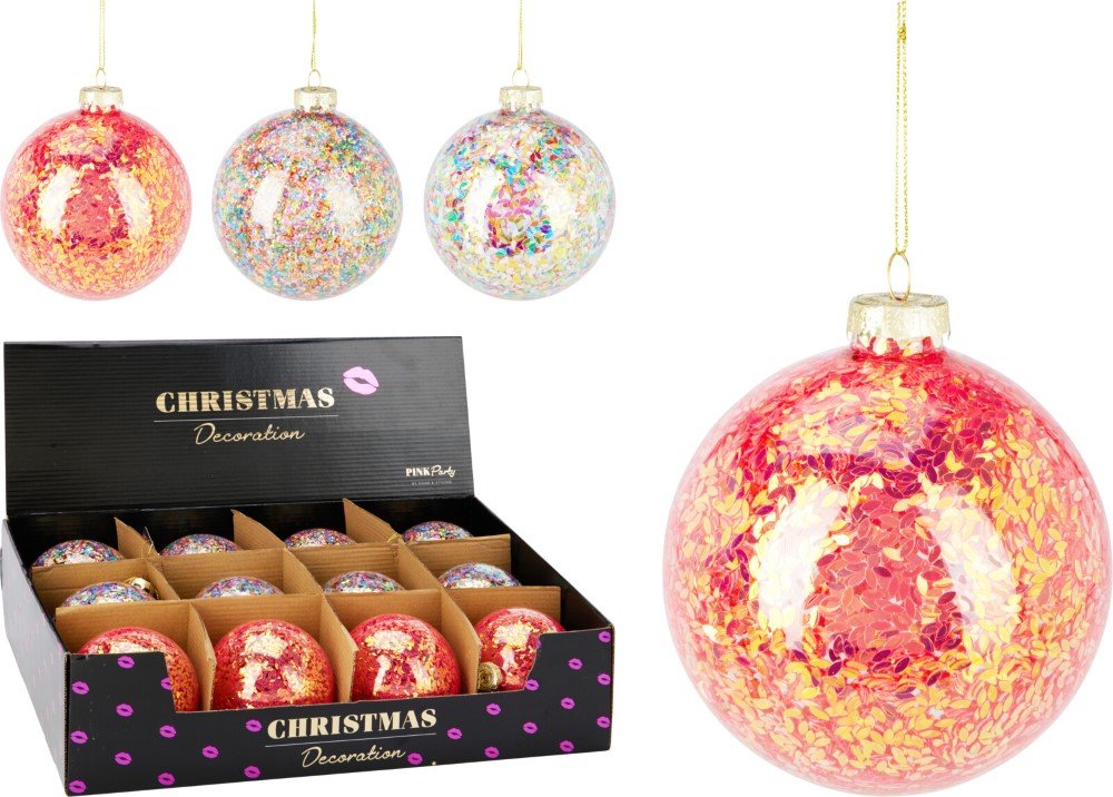 Eglutės žaisliukas, stiklas, 3 dizainai su konfeti viduje, skersmuo 10 cm